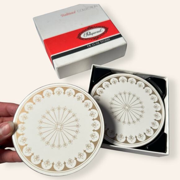 White & Gold Coaster Set (6 Pc) – 1960s Mid-Century Luxe Style - Picture 1 of 6